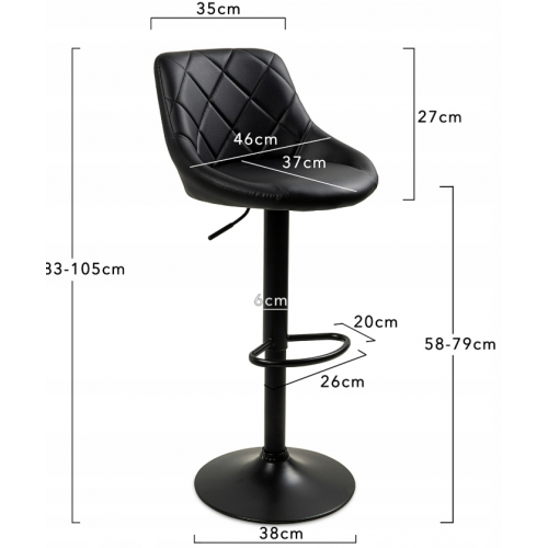 Bāra krēsls ar melnu eko ādas pamatni, regulējams kāju balsts līdz 80 cm (SDH642)