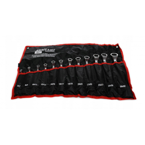 Izliektu gredzenatslēgu komplekts, 12 gab., 6–32 mm, izliektas + audums.Kraft&Dele(KD10927)