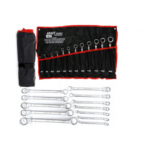 Izliektu gredzenatslēgu komplekts, 12 gab., 6–32 mm, izliektas + audums.Kraft&Dele(KD10927)