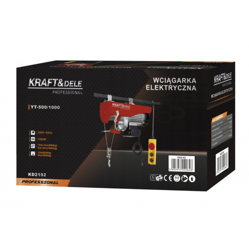 Elektriskā vinča 230V 1350W 500/1000kg + tālvadības pults ar tērauda trosi. (KD2192)