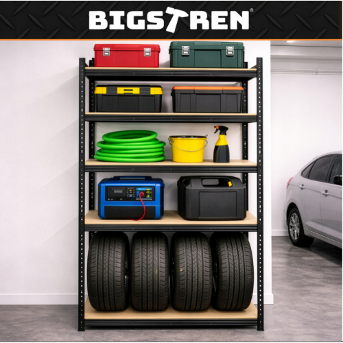 Metāla uzglabāšanas plaukts, 5 plaukti, melns, garāžai, pagrabam, 180x100x60cm no BIGSTREN (00027510)