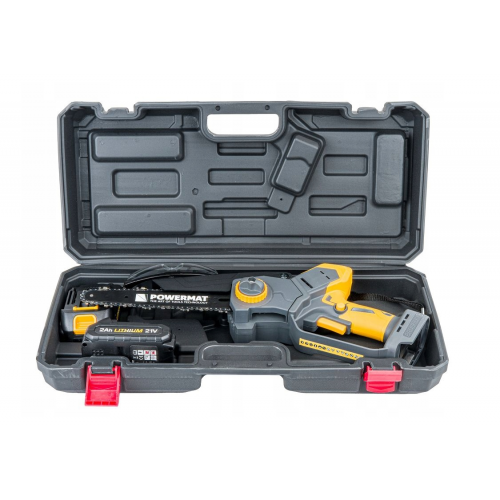 Mini akumulātora ķēdes zāģis ar ķēdes eļļotāju 8" (24 cm), 2 x Li-ion 21V-2Ah no Powermat (PM-MPA-2AHM)