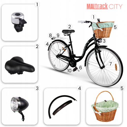 Pilsētas velosipēds MalTrack Citybike Dreamer 1 ātrums, melns, 28" + grozs piparmētru krāsā (107772)