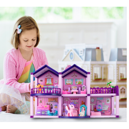 Lelļu māja, poniju villa, ar mebeļu, rozā (108467)