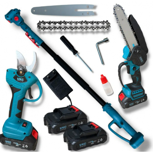 Elektriskais teleskopiskais dārza šķēres un ķēdes zāģa komplekts ar 6 collu akumulatoru UKC (9485)