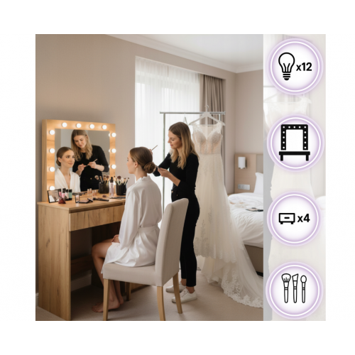 Kosmētikas galdiņš 90x135cm, 4 atvilktnes, spogulis ar retro LED apgaismojumu no FUNFIT (FC4544)