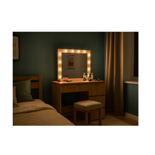 Kosmētikas galdiņš 90x135cm, 4 atvilktnes, spogulis ar retro LED apgaismojumu no FUNFIT (FC4544)