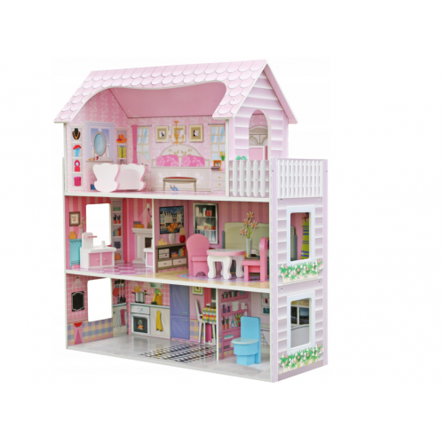 Liela koka leļļu māja ar terasi, mēbelēm un aksesuāriem bērniem (G242 W06A139)