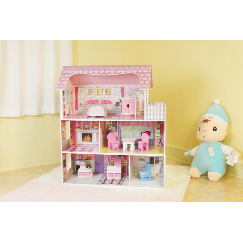 Liela koka leļļu māja ar terasi, mēbelēm un aksesuāriem bērniem (G242 W06A139)