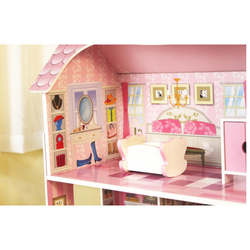 Liela koka leļļu māja ar terasi, mēbelēm un aksesuāriem bērniem (G242 W06A139)