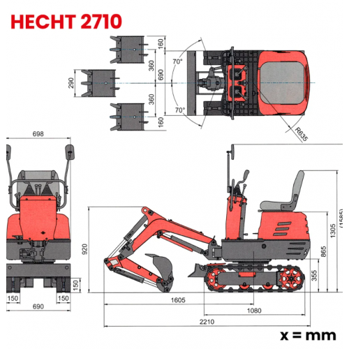Mini ekskavators 306 cm³ 6,3 kW 3600 apgr./min HECHT (HECHT 2710)