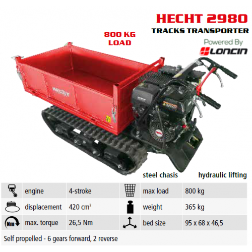 Motorizēts kāpurķēžu transportētājs, ķerra, pašizgāzējs - 800kg maks., 420cm3, 6+2 no Hecht (HECHT 2980)