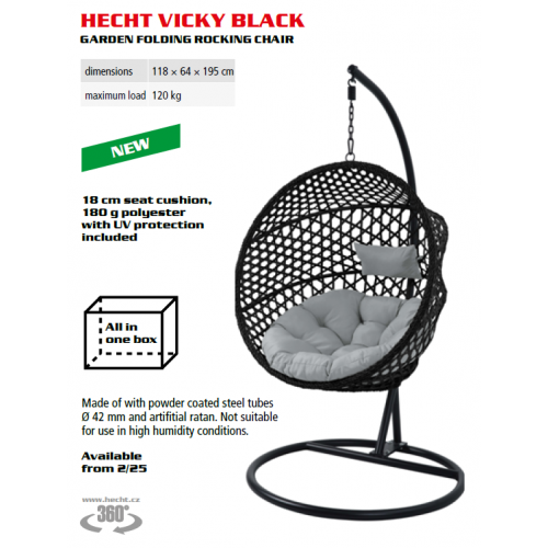 Saliekams, piekarināms dārza krēsls - šūpuļkrēsls 118 × 64 × 195 cm, maks. 120 kg. autors Hecht (HECHT VICKY BLACK)