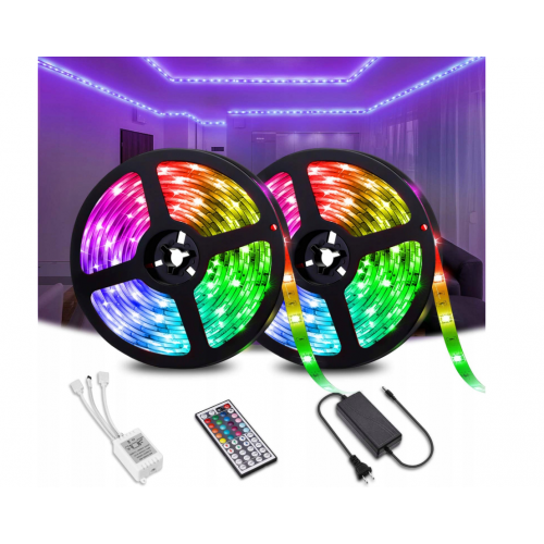 LED lente SMD 5050 RGB, 5 m rullī, ar barošanas bloku un tālvadības pulti (HN0134)