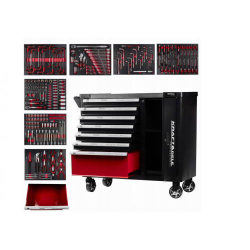 Instrumentu kaste, instrumentu ratiņi, 7 atvilktnes, 299 priekšmeti, uzgriežņu atslēgas, galatslēgas, uzgaļi. no Kraft&Dele (KD1068)