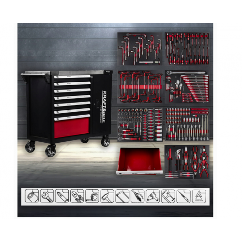 Instrumentu kaste, instrumentu ratiņi, 7 atvilktnes, 299 priekšmeti, uzgriežņu atslēgas, galatslēgas, uzgaļi. no Kraft&Dele (KD1068)