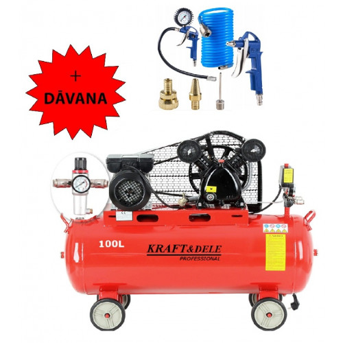 Gaisa kompresors ar atdalītāju 100L, 230V Kraft&dele + digitāla gaisa pistole (Kd1472)