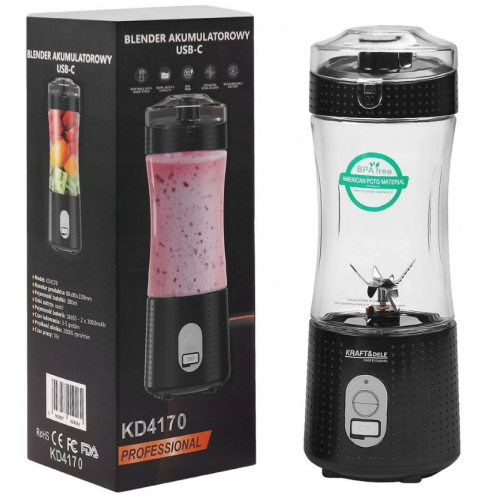 Pārnēsājams bezvadu uzlādējams blenderis ar USB-C savienojumu, 380 ml / 2 x 3000 mAh KRAFT&DELE (KD4170)