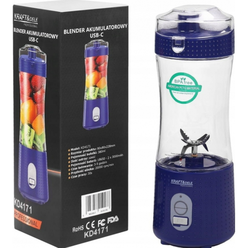 Pārnēsājams bezvadu akumulatora blenderis, zils, USB-C, 380 ml / 2x300 no Kraft&dele (KD4171)