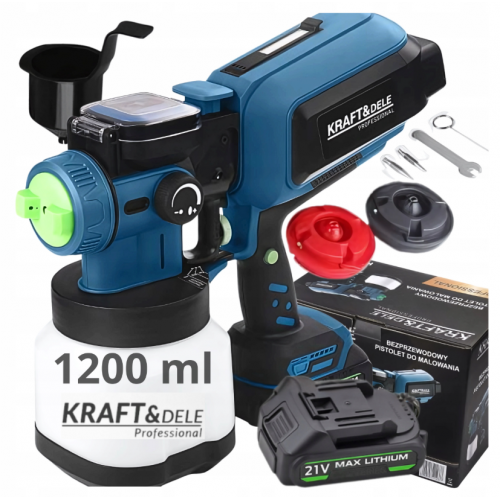 Akumulatora krāsas smidzinātājs 21 V 2500 mAh 1,2 L LED plūsmas regulēšana no Kraft&Dele (KD5480)