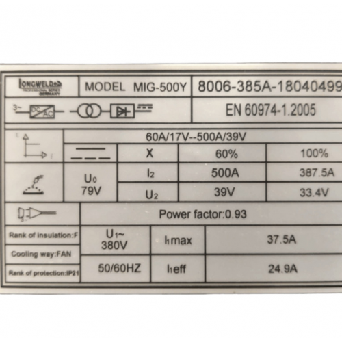 Pusautomātiskā metināšanas iekārta MIG/MAG/LIFT/TIG/500A no LONGWELD (MIG-500Y)