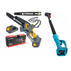 Mini akumulatora ķēdes zāģa komplekts ar teleskopisko rokturi 107–175 cm, 8" (24 cm), automātisko ķēdes eļļošanu, 2×21V 2,0 Ah Li-ion akumulatori POWERMAT (PM-MPA-2AHM + PM-SA-21V-WYS)