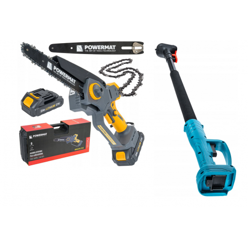 Mini akumulatora ķēdes zāģa komplekts ar teleskopisko rokturi 107–175 cm, 8" (24 cm), automātisko ķēdes eļļošanu, 2×21V 2,0 Ah Li-ion akumulatori POWERMAT (PM-MPA-2AHM + PM-SA-21V-WYS)