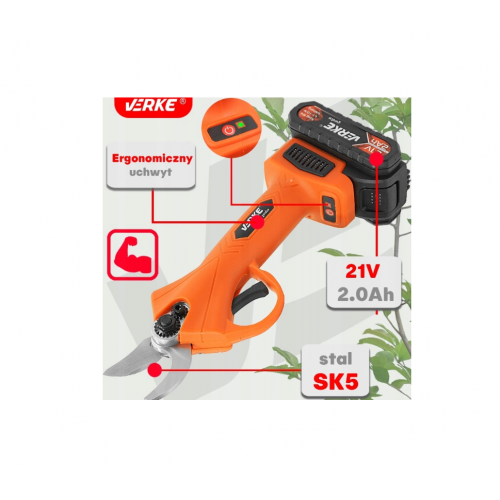 Akumulatora dārza šķēres - sekators zaru apgriešanai 2x Li-ion 21V-2.0Ah no Verke (V90703)